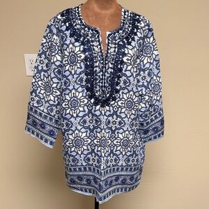 Charter Club Navy and White Floral Tunic